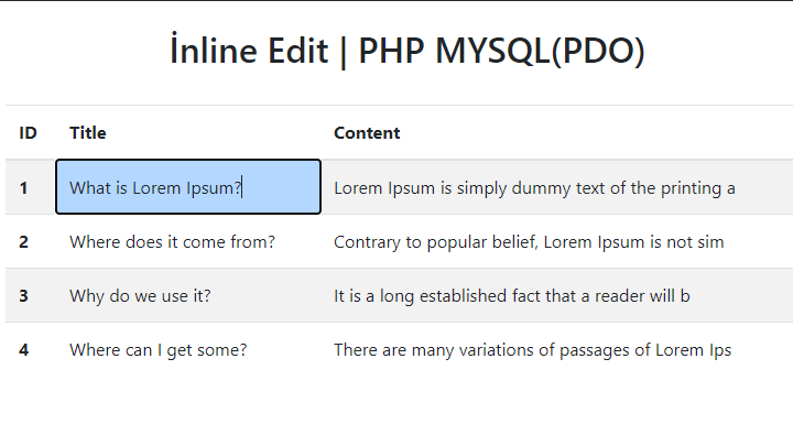 php-pdo-satır-içi-düzenleme