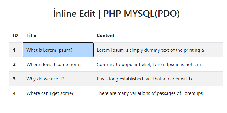 php-pdo-satır-içi-düzenleme